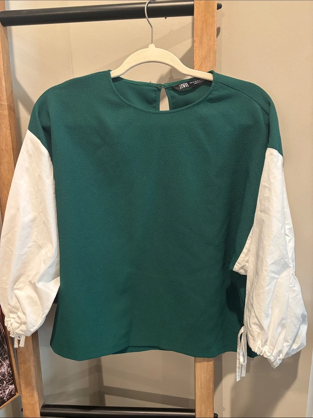 Zara Teal Green Blouse with White Puff Sleeves